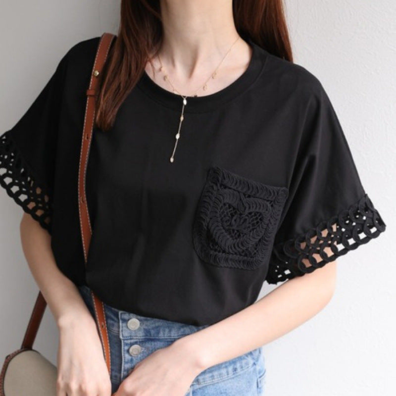 T-shirt femmes avec dentelle au crochet et poches Chic und Stil