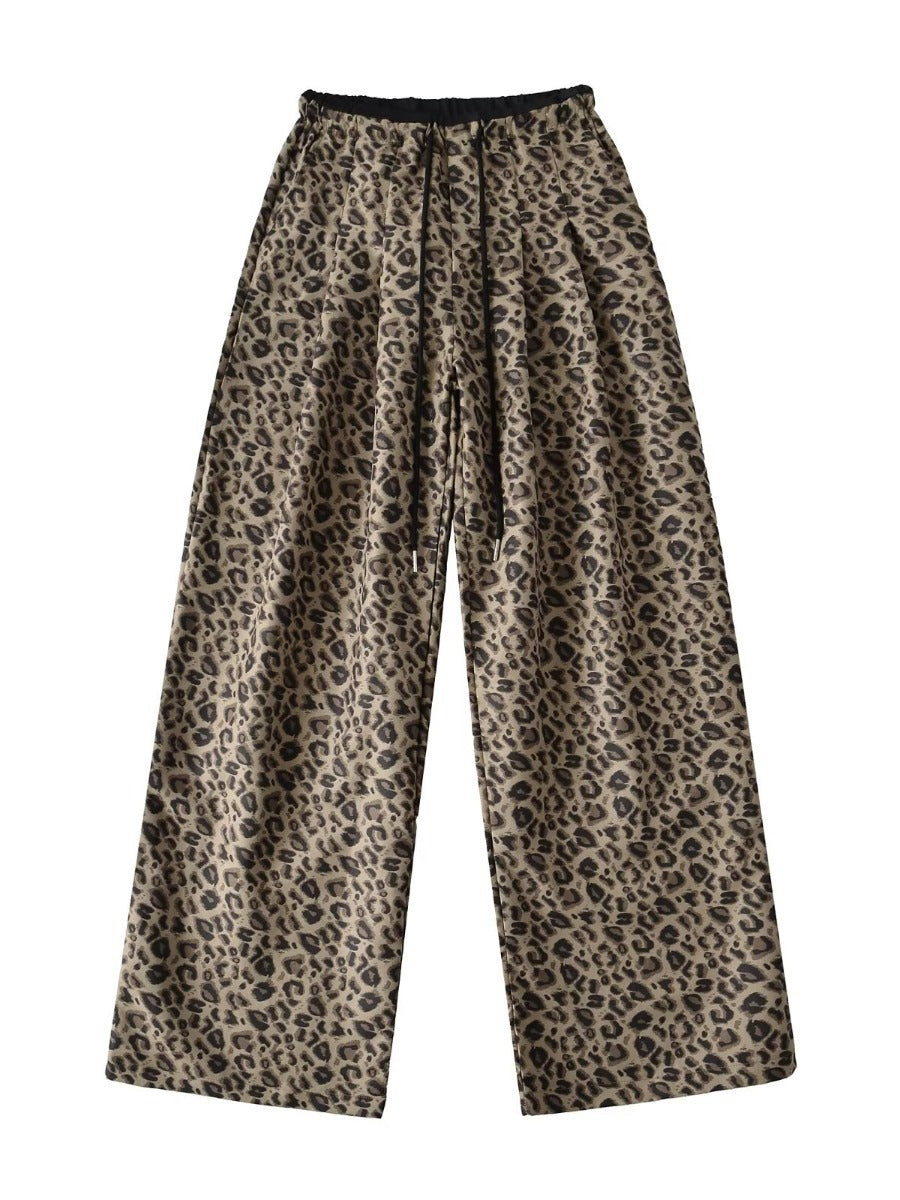 Trendy leopard wide-leg pants for women with elastic waistband and tie belt Chic and Style