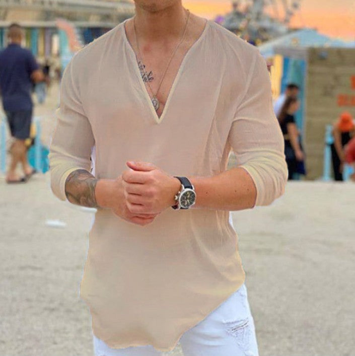 Chemise à manches longues pour hommes avec col en V et coupe décontractée Chic und Stil