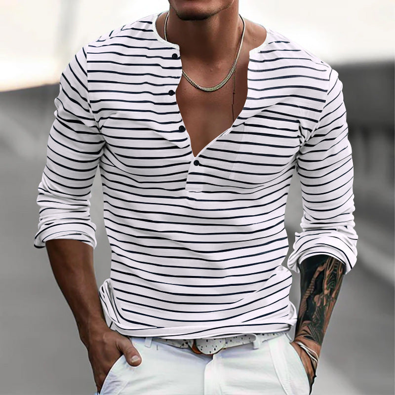 Chemise à manches longues à rayures pour hommes avec patte de boutonnage et décolleté en V Chic und Stil