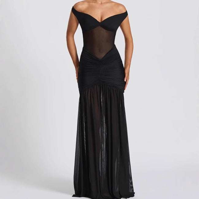 Dames Robe Maxi Élégante Off-Shoulder avec Détails Volants et Fente Haute Chic und Stil
