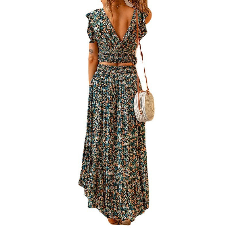 Women's Floral Pattern Maxi Dress with Voluminous Skirt and Narrow Belt Chic und Stil