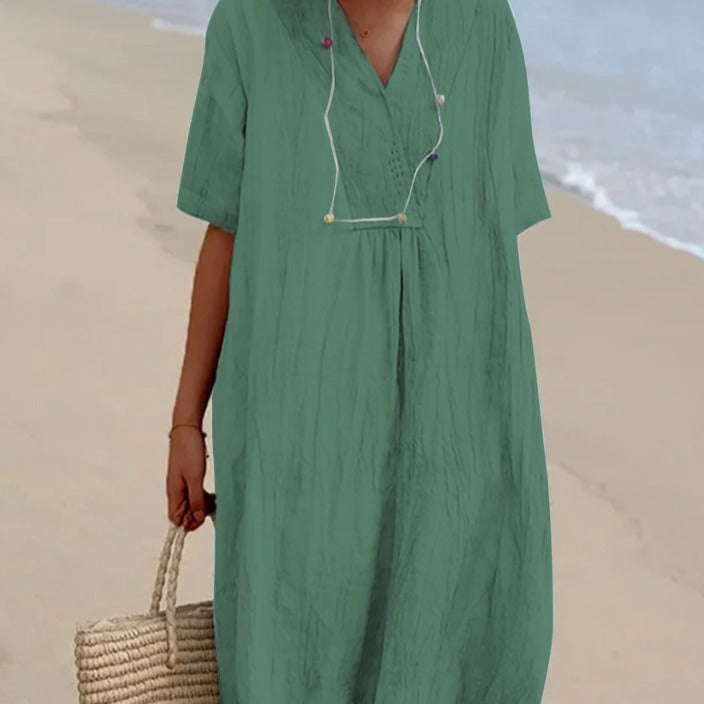 Robe midi décontractée pour femmes avec décolleté en V et manches courtes confortables Chic und Stil