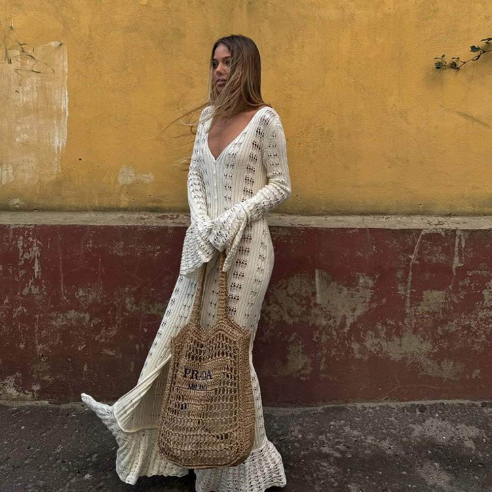 Robe en tricot pour femmes avec des manches volumineuses et un motif de crochet raffiné Chic und Stil
