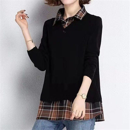 Pull-over en tricot superposé pour femmes avec décolleté en V et blouse tendance.
