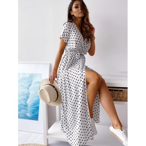 Robe maxi à pois pour femmes avec fente latérale et ceinture à nouer Chic und Stil