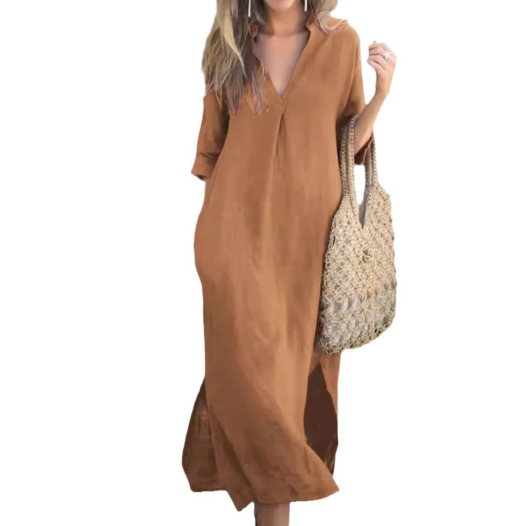 Robe maxi décontractée pour femmes avec élégant décolleté en V et manches décontractées Chic und Stil