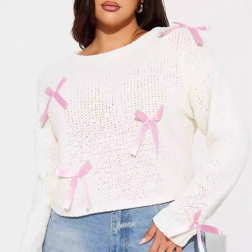 Dames Pull en tricot mignon avec applications de nœuds Chic und Stil
