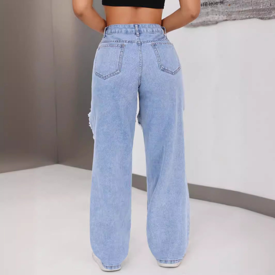 Jeans détruits taille haute pour femmes avec inserts de jambe effilochés Chic und Stil