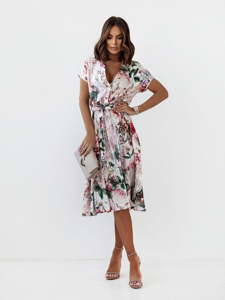 Women's Floral Print Wrap Dress with Butterfly Sleeves Elegant Chic und Stil