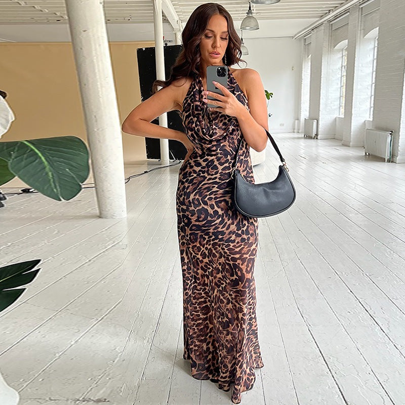 Women's Leopard Print Shawl Collar Maxi Dress Chic and Stylish