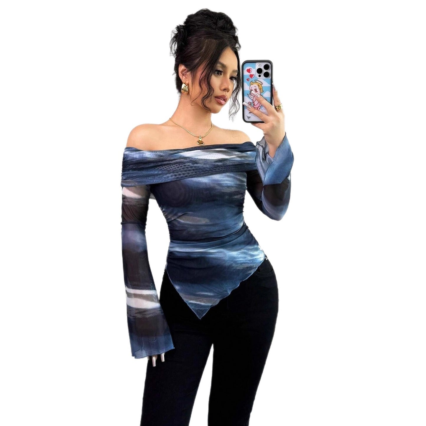Chemisier femme à épaules dénudées avec des éléments transparents floraux et une coupe asymétrique Chic und Stil
