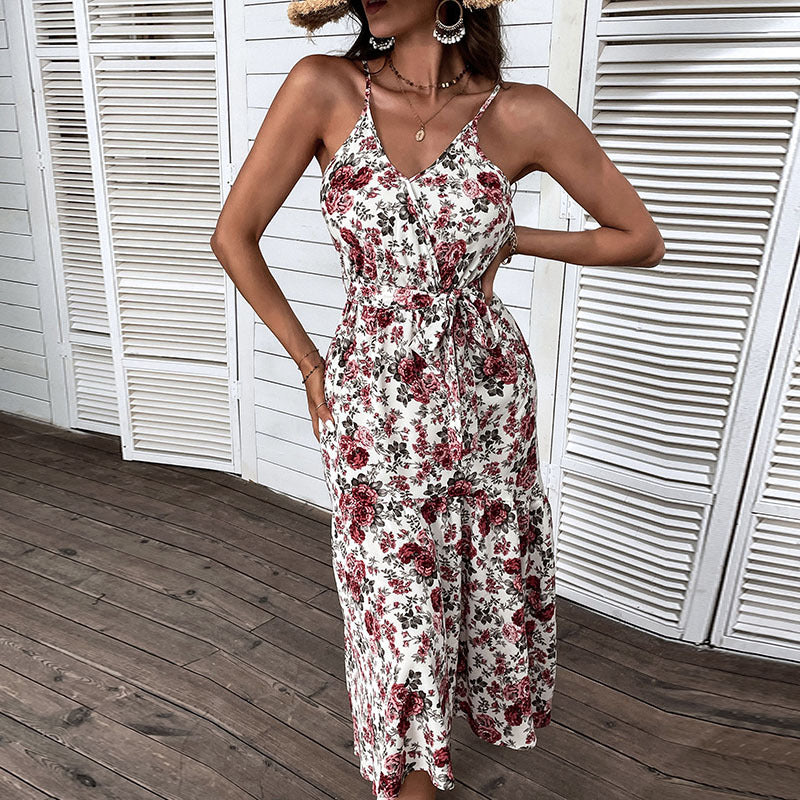 Robe midi à imprimé floral pour dames avec ceinture à nouer ajustable Chic und Stil