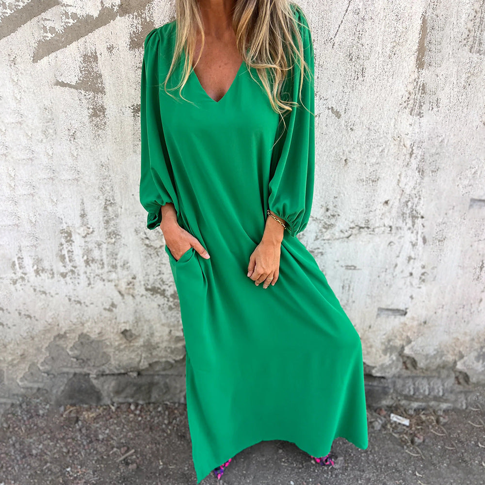 Femmes Robe Midi Élégante avec Décolleté en V et Manches Bouffantes Chic und Stil