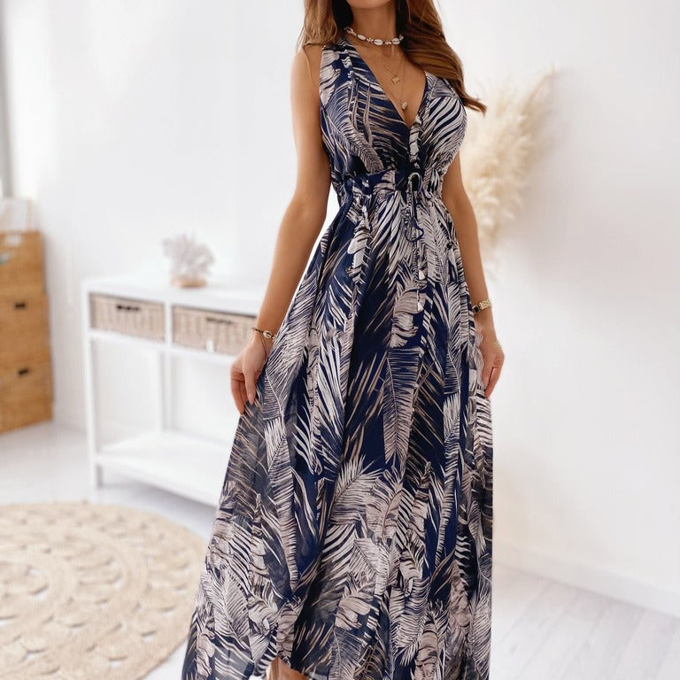 Robe maxi imprimé tropical pour femmes avec ceinture en tissu réglable Chic und Stil