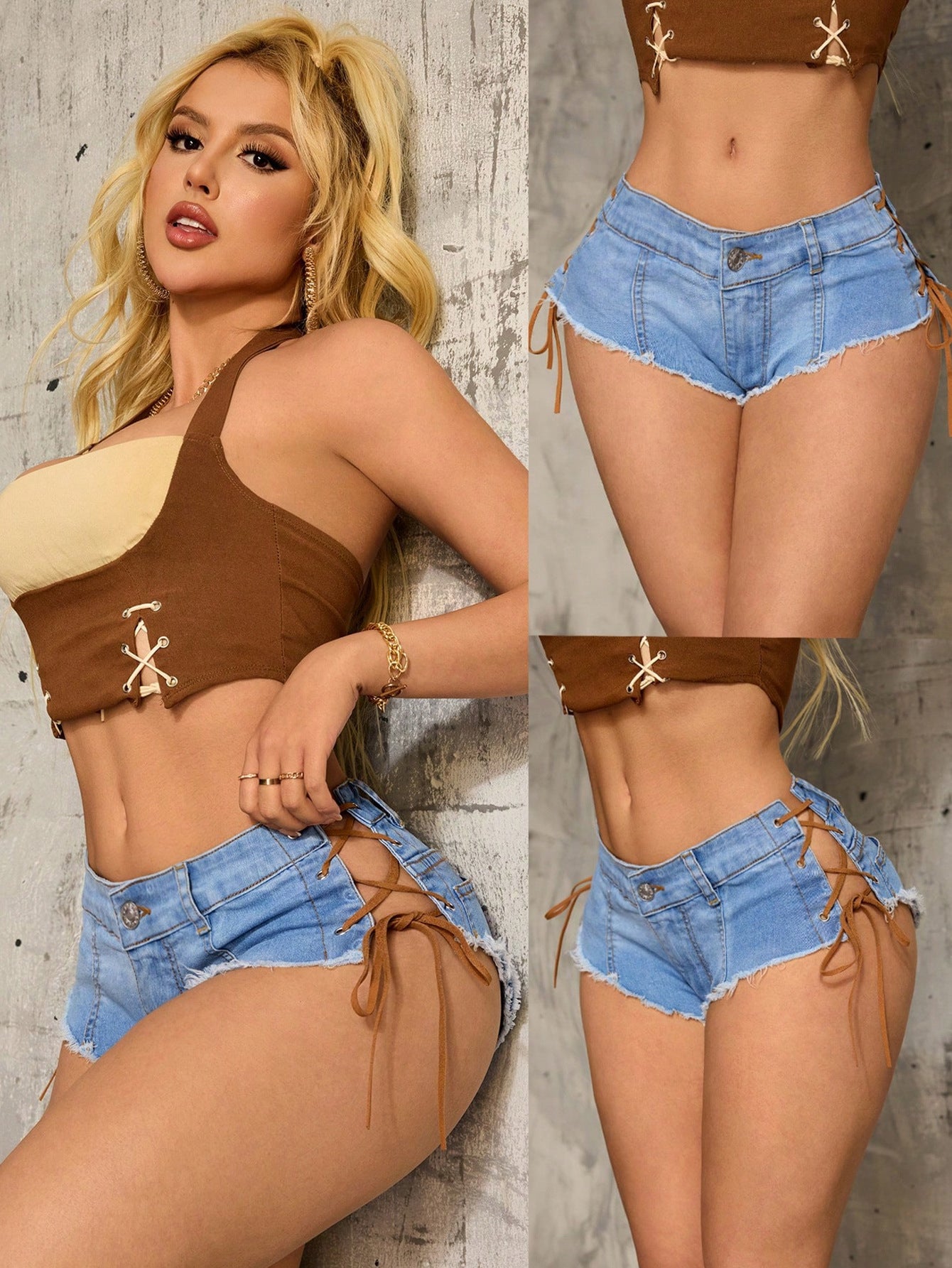 Shorts en denim tendance pour femmes avec détails de lacets sur les côtés Chic und Stil
