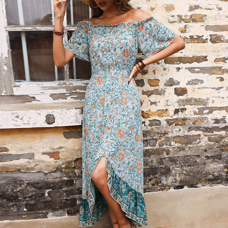 Robe maxi à fleurs off-shoulder pour femmes avec ourlet à volants Chic und Stil