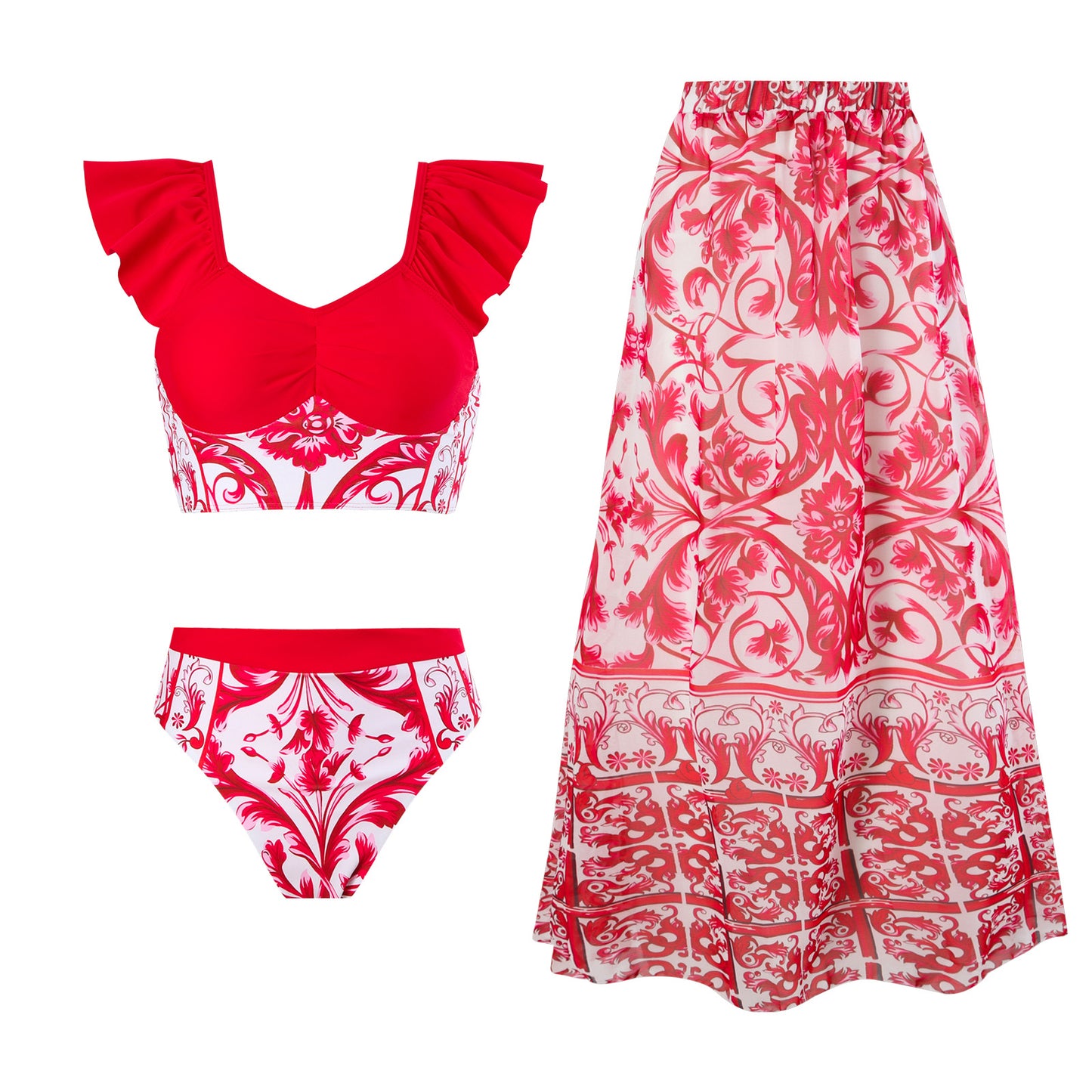 Maillot de bain pour femmes - Ensemble avec une coupe en volants élégante et un design floral Chic und Stil