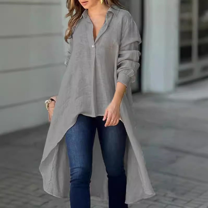 Blouses décontractées pour femmes - T-shirt long en mélange de lin de haute qualité Chic und Stil