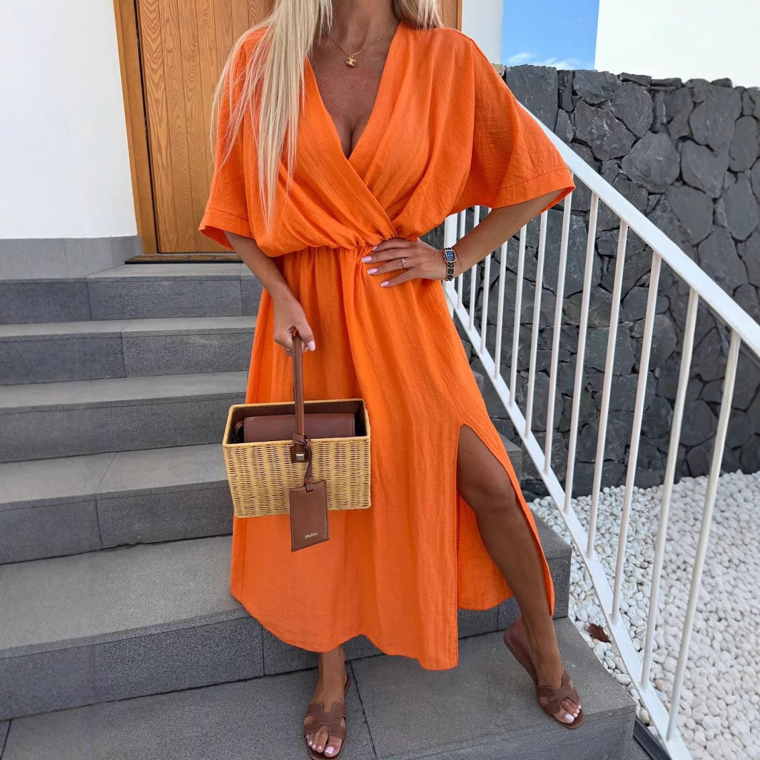 Robe maxi décontractée pour femme avec décolleté en V profond et taille élastique Chic und Stil