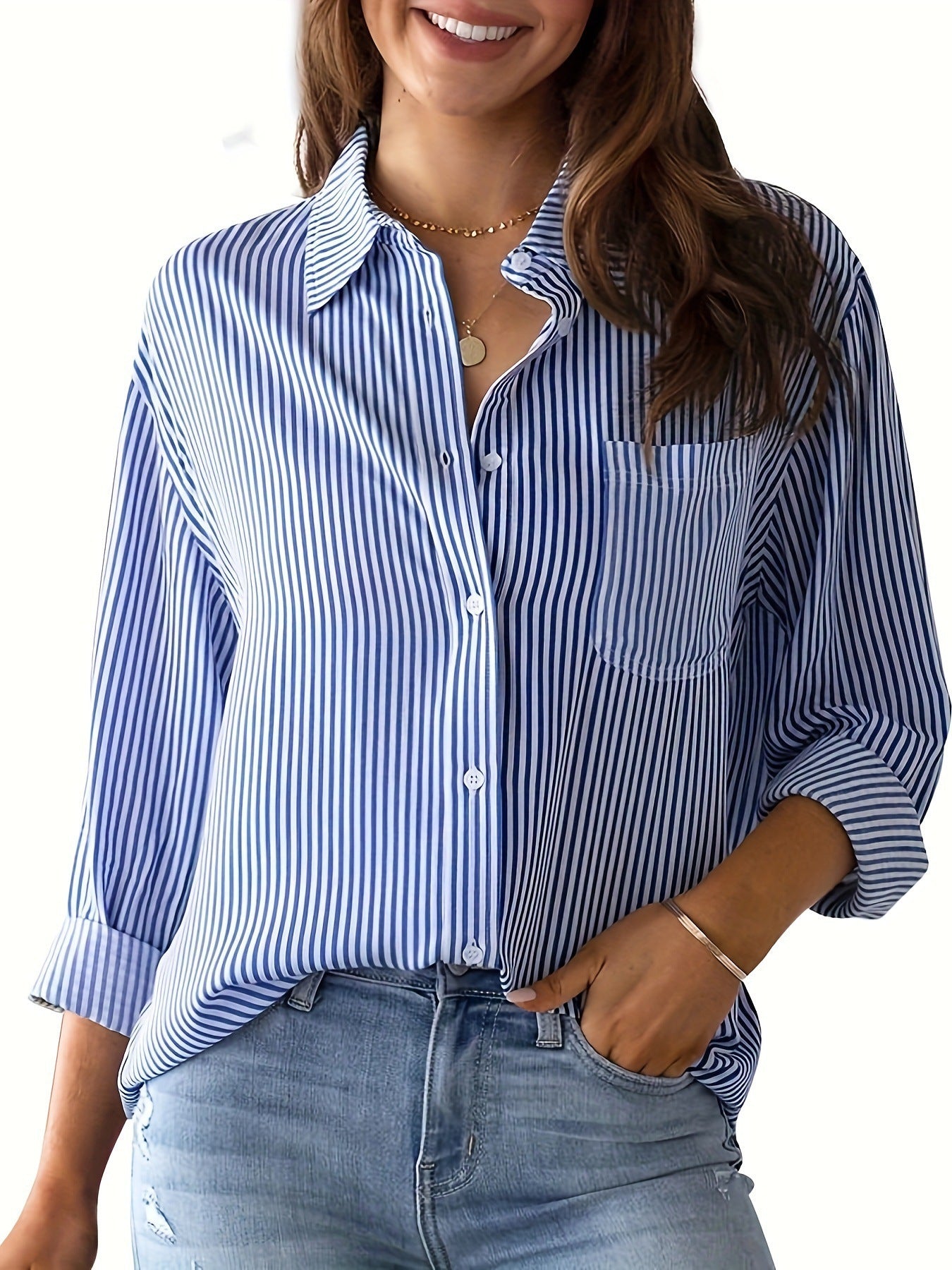 Blouse à manches longues pour femme avec de fines rayures et poche poitrine Chic und Stil