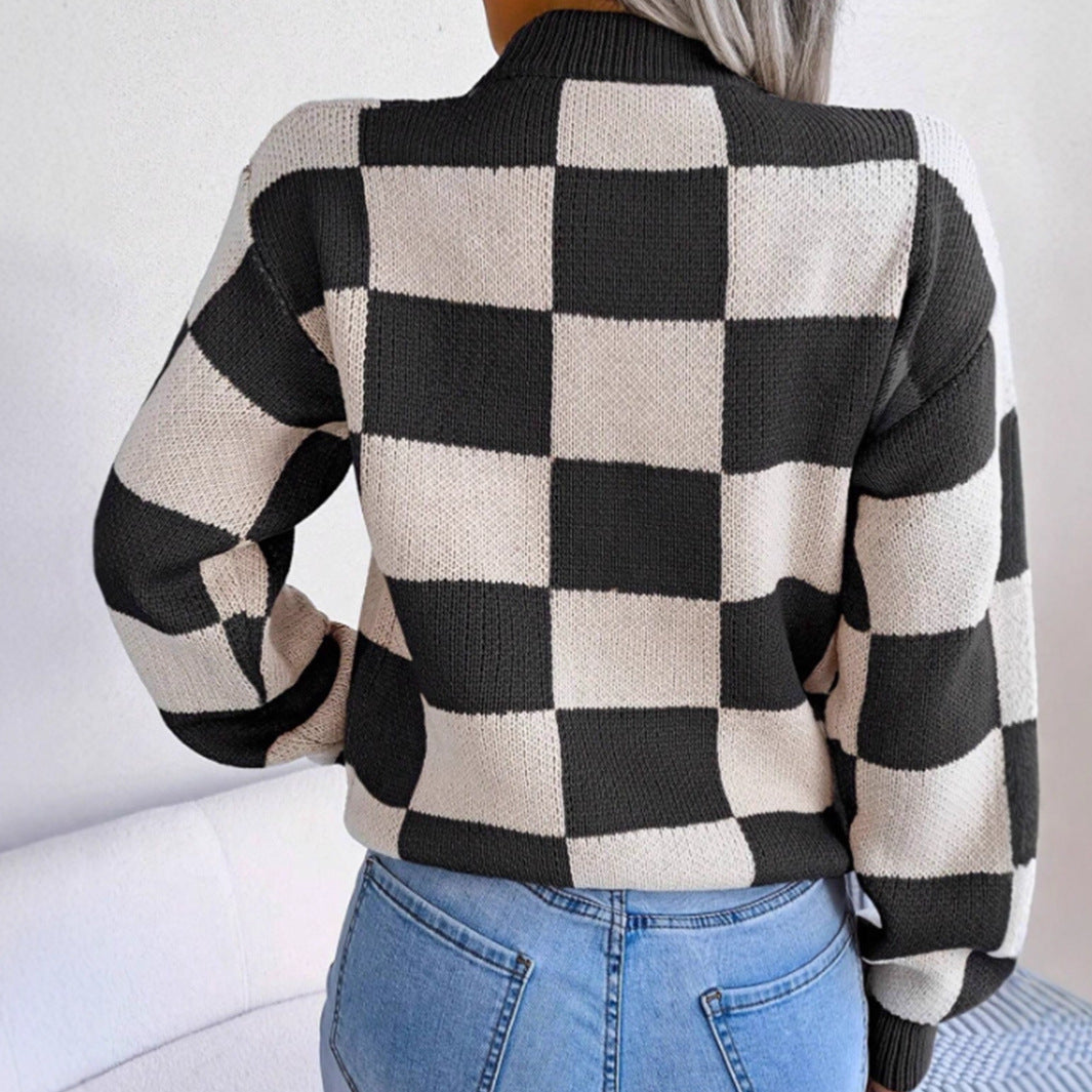 Dames Pull en tricot à motif écossais avec col rond à la mode Chic und Stil