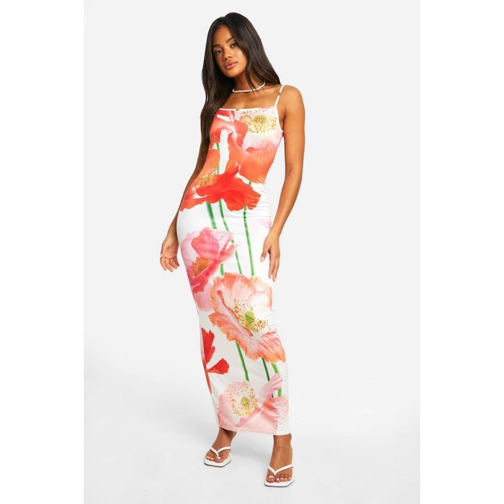 Women's Floral Maxi Dress with Thin Straps Bodycon Chic and Style