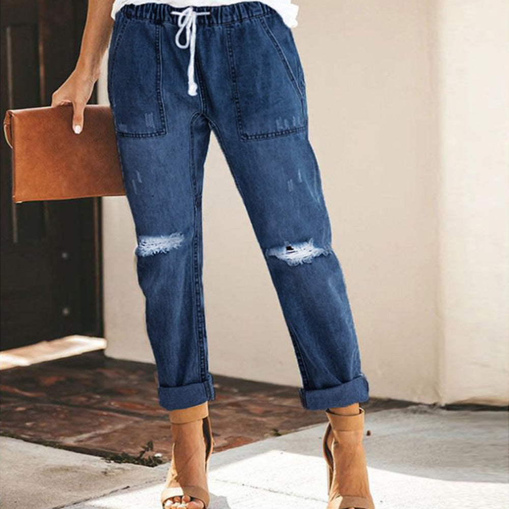 Women's Ripped Jeans with Elastic Waist and Relaxed Fit Chic and Style