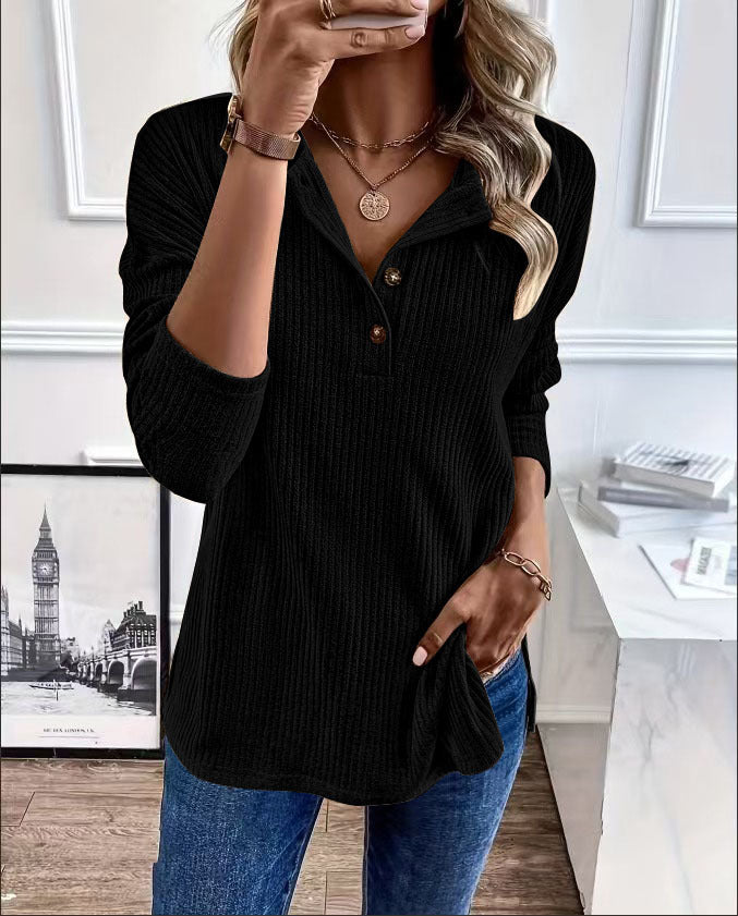 Pull ribbed de loisirs pour femmes avec patte de boutonnage et manches 3/4 Chic und Stil