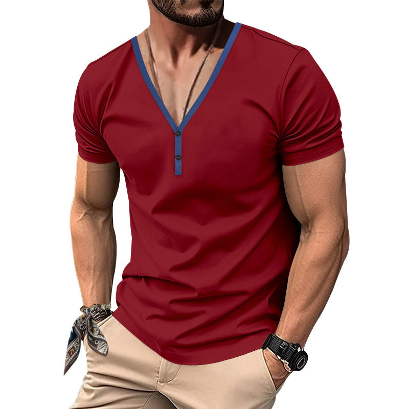 T-shirt pour hommes à col en V avec patte de boutonnage et détail contrastant Chic und Stil