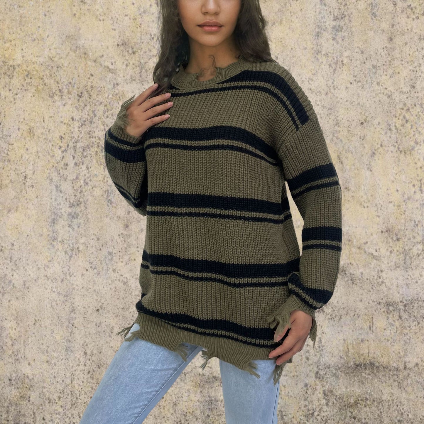 Pull oversized en grosse maille pour femmes avec franges et rayures transversales Chic und Stil