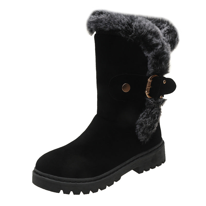 Bottes à doublure chaude pour femmes avec un col en fourrure à la mode et une belle boucle Chic und Stil