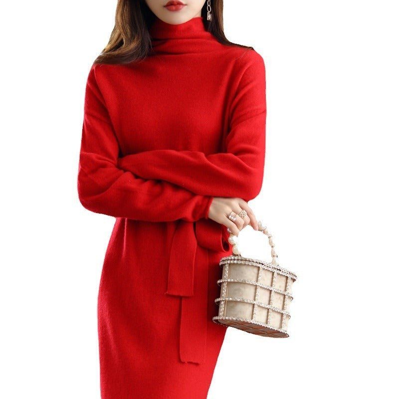 Robe en tricot douillette pour femmes avec col roulé élégant et ceinture cintrée Chic und Stil