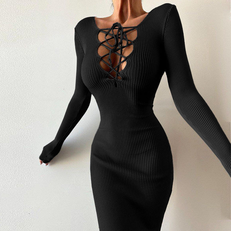 Robe midi côtelée pour femmes avec lacets Chic und Stil