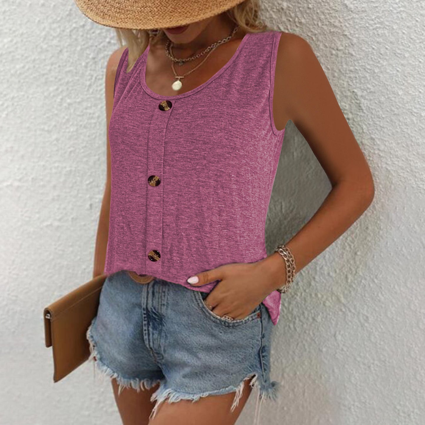 Women's Sleeveless Round Neck Top with Button Placket Chic und Stil