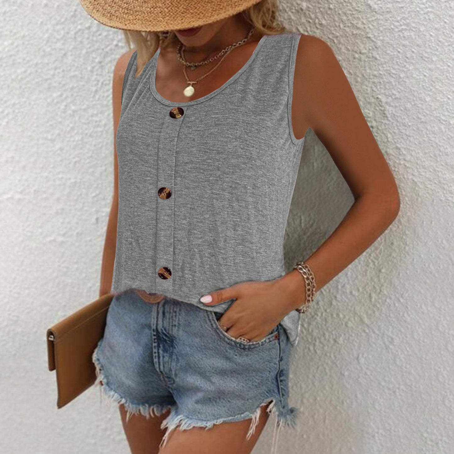 Women's Sleeveless Round Neck Top with Button Placket Chic und Stil
