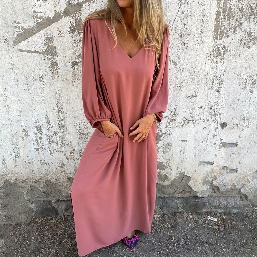 Femmes Robe Midi Élégante avec Décolleté en V et Manches Bouffantes Chic und Stil