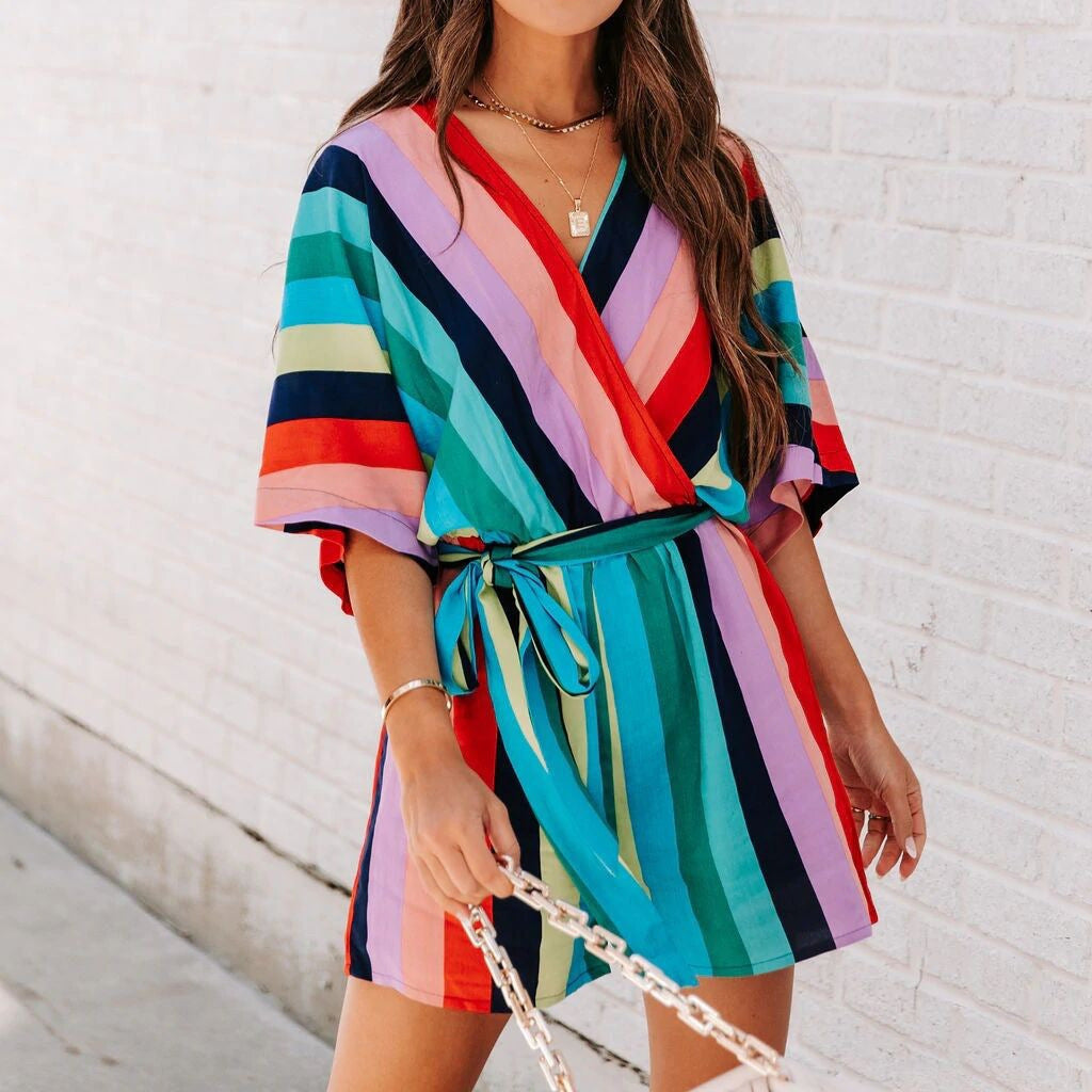 Robe portefeuille rayée chic pour femmes Chic und Stil