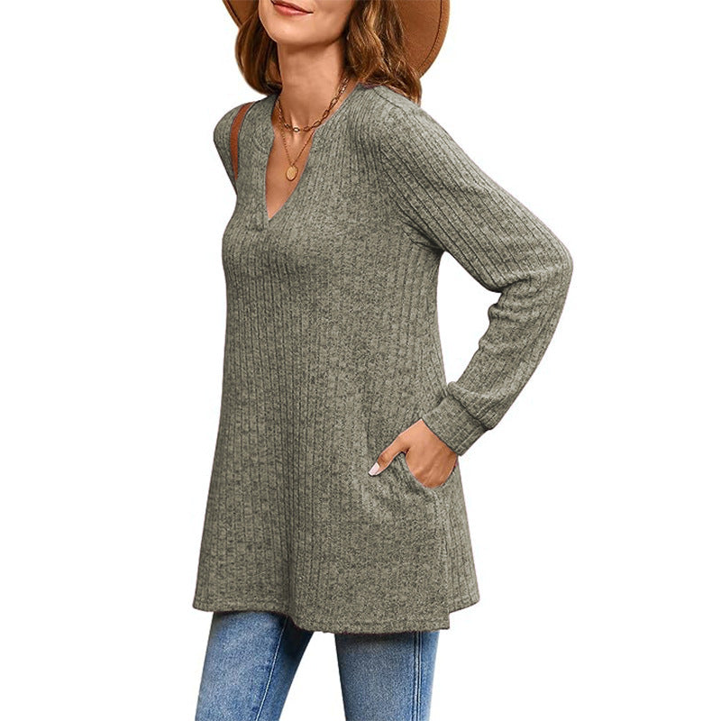 Pull tunique à col V côtelé pour femme Chic und Stil