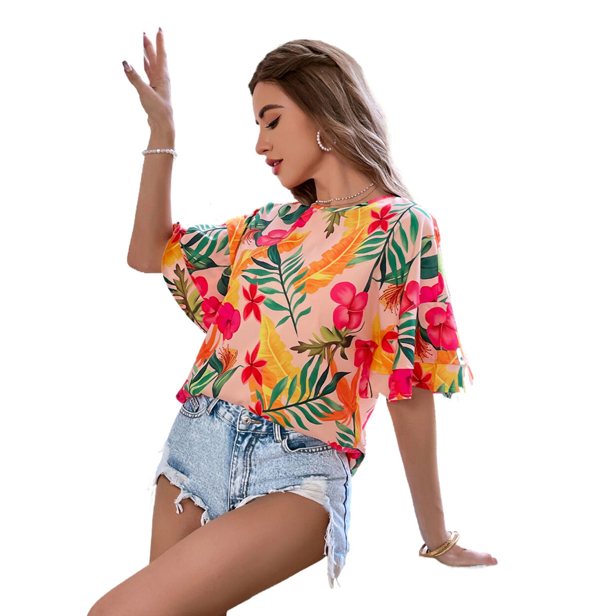 Top de blouse pour femmes avec motif floral et manches évasées Chic und Stil