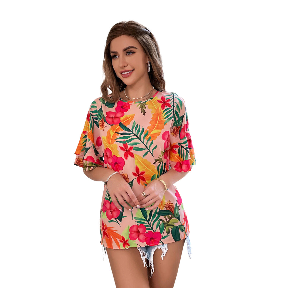 Top de blouse pour femmes avec motif floral et manches évasées Chic und Stil