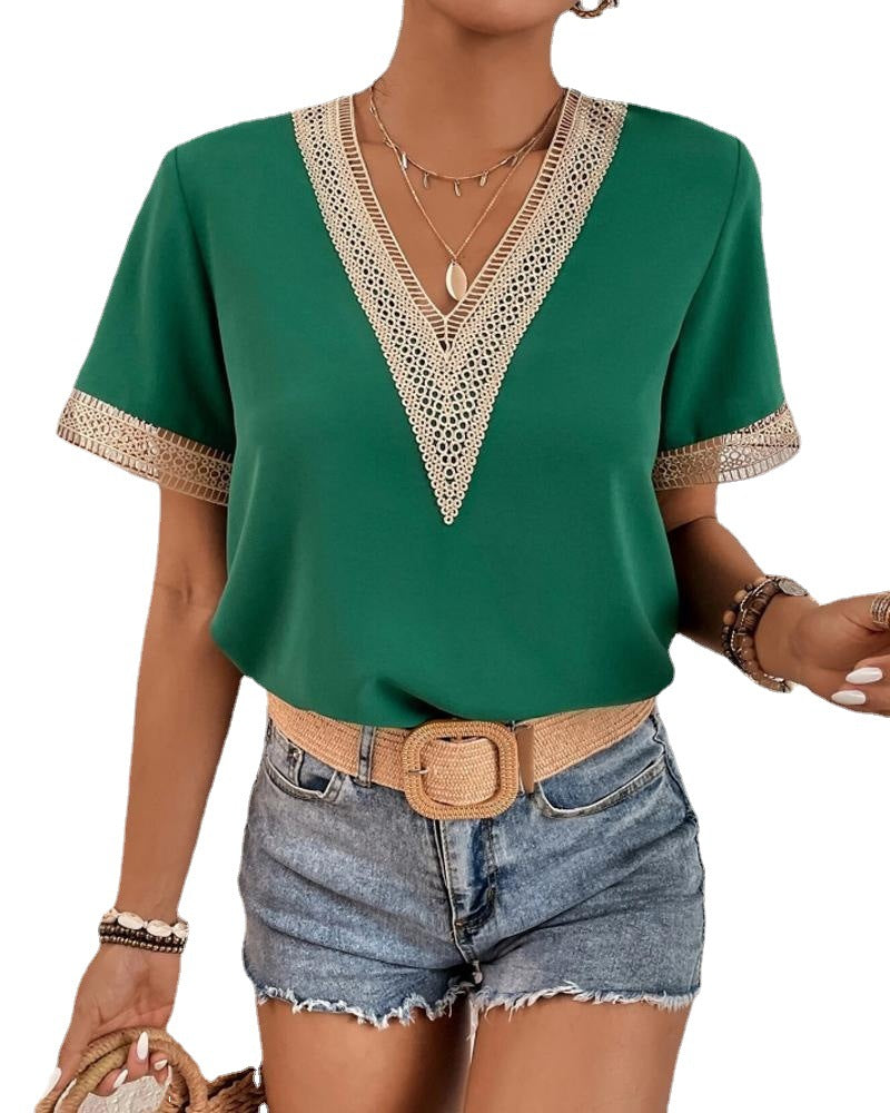 Blouse élégante à col en V avec dentelle pour femmes Chic und Stil