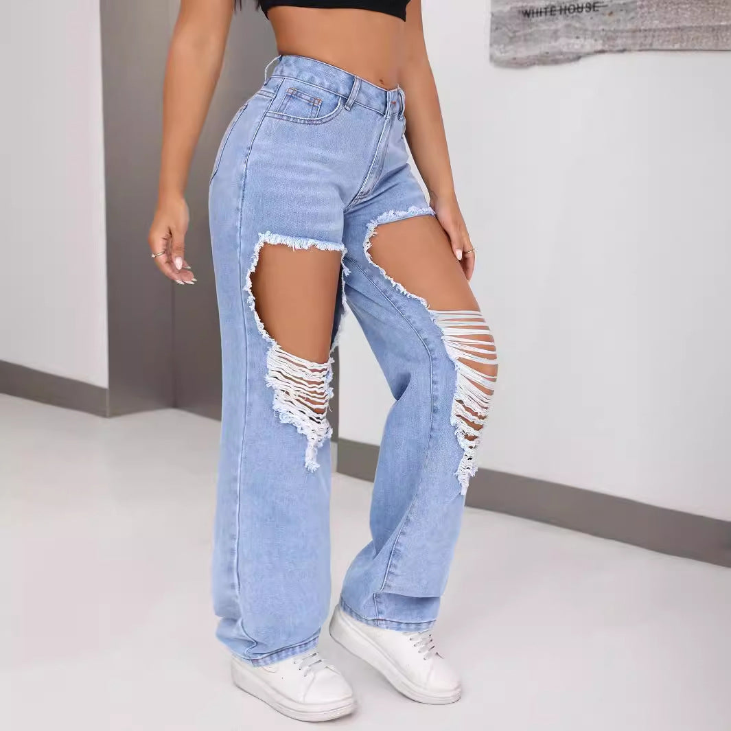 Jeans détruits taille haute pour femmes avec inserts de jambe effilochés Chic und Stil