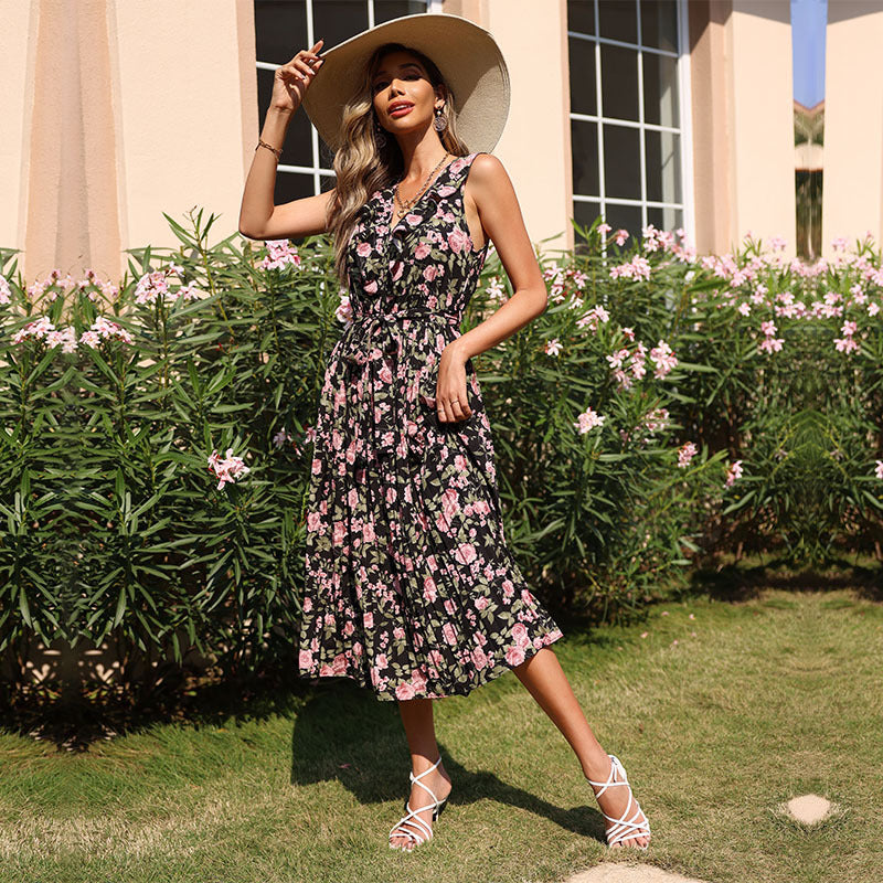Robe maxi pour femmes avec motif floral et détail de bouton Chic und Stil