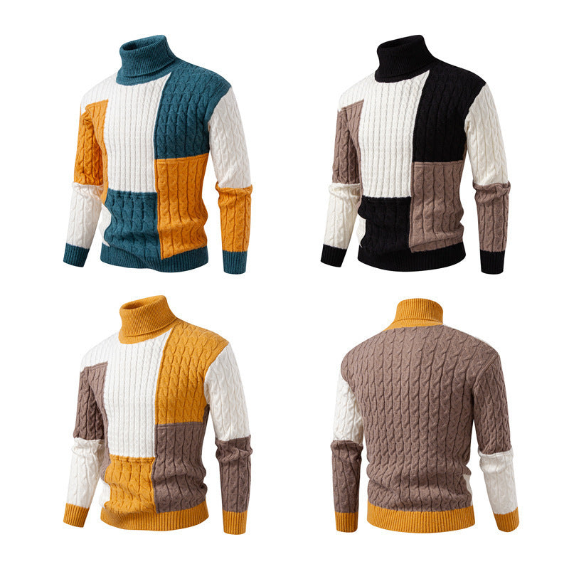 Pull homme hautement encoluré en tricot avec un motif de torsades moderne et des blocs de couleurs attrayants Chic und Stil