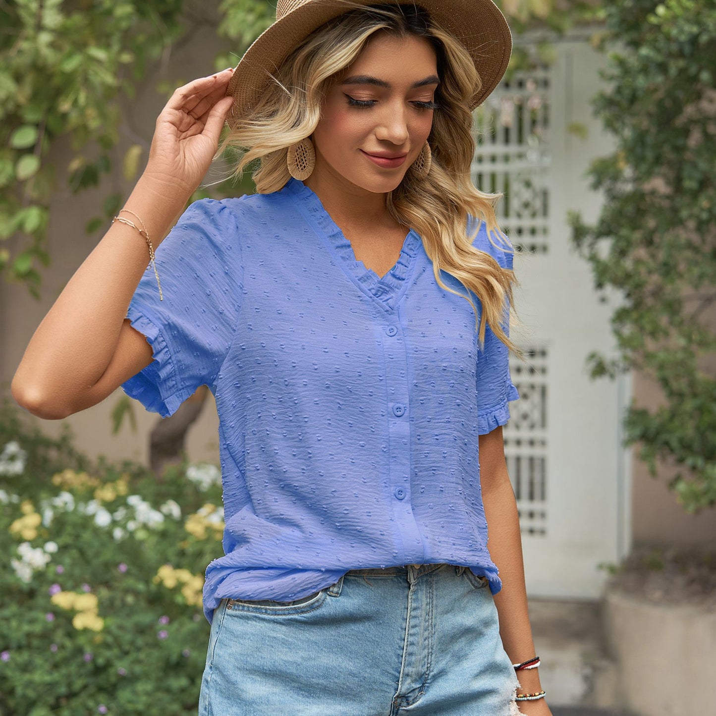 Women's blouse with ruffle details and light structured fabric Chic und Stil