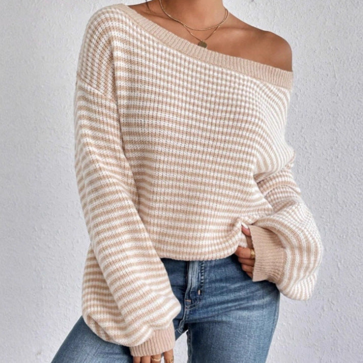 Pull en tricot oversize pour femmes avec design décolleté et motif rayé Chic und Stil