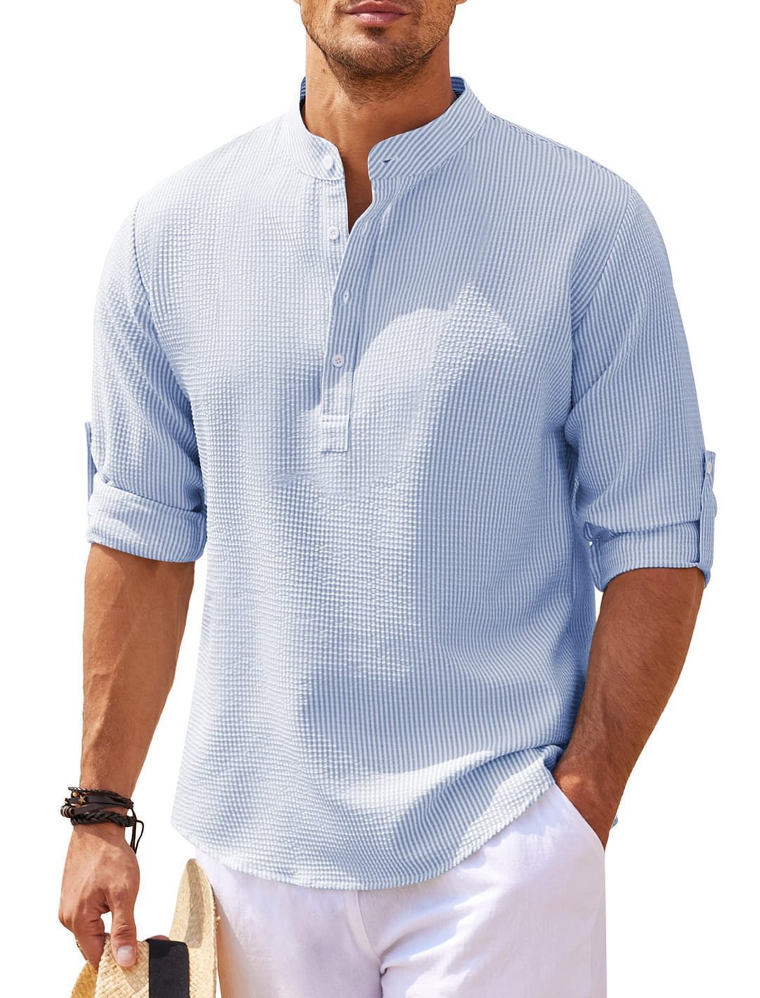 Chemise décontractée à manches longues pour homme avec col montant et structure côtelée Chic und Stil
