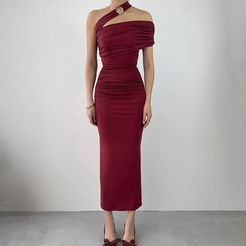 Robe midi à épaule unique froncée pour femme Chic und Stil