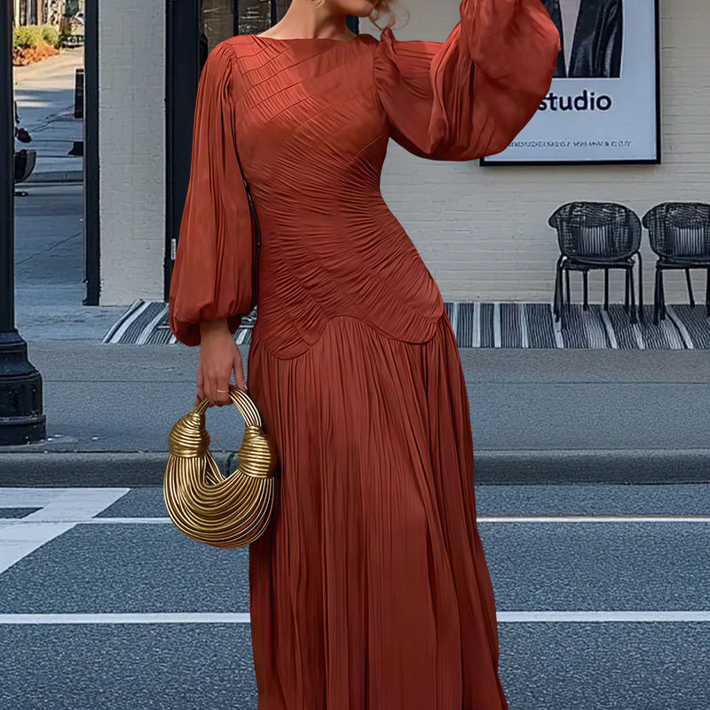 Dames Élégante Robe Maxi Plissée avec Ruches et Manches Longues Chic und Stil